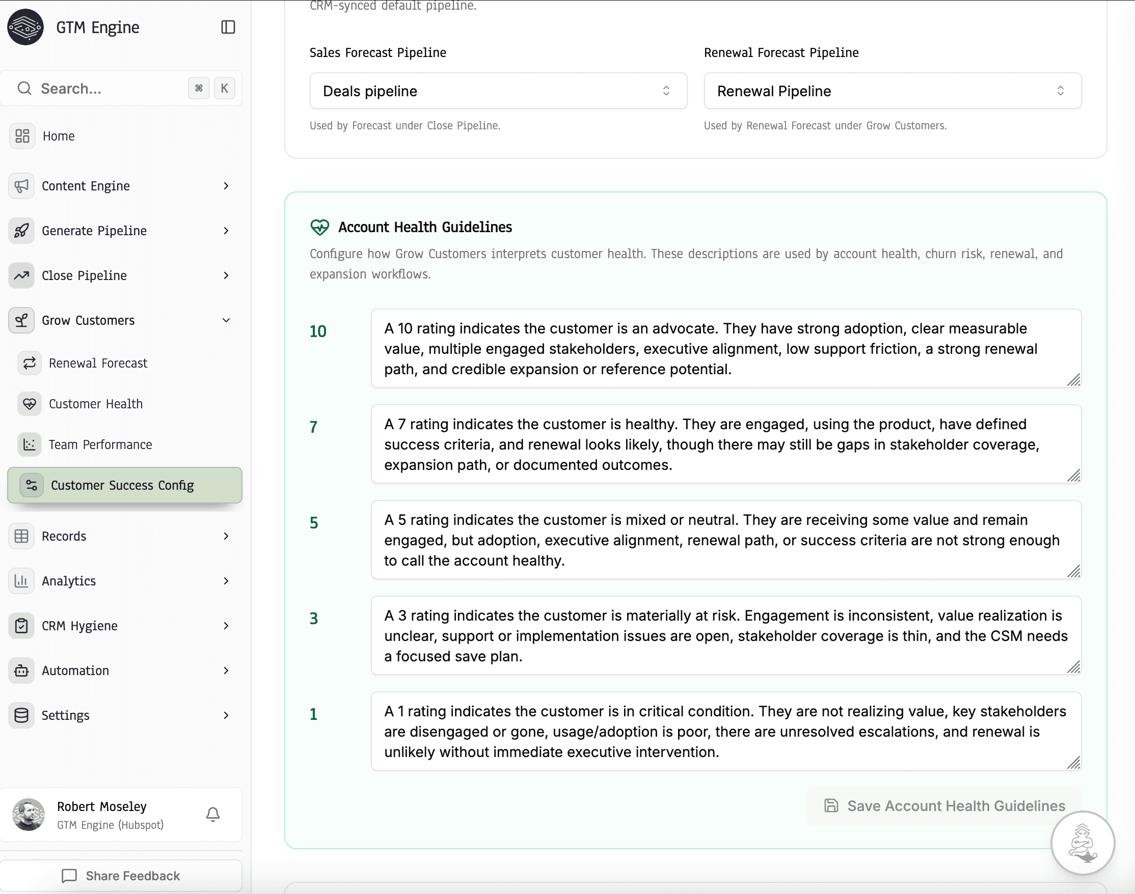 Configuration screenshot showing forecast settings, account health guidelines, and scoring controls